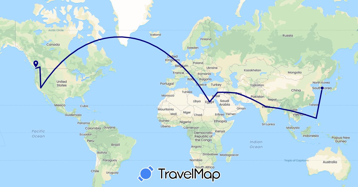 TravelMap itinerary: driving in Canada, Egypt, United Kingdom, India, Iran, South Korea, Philippines, Syria, United States (Africa, Asia, Europe, North America)